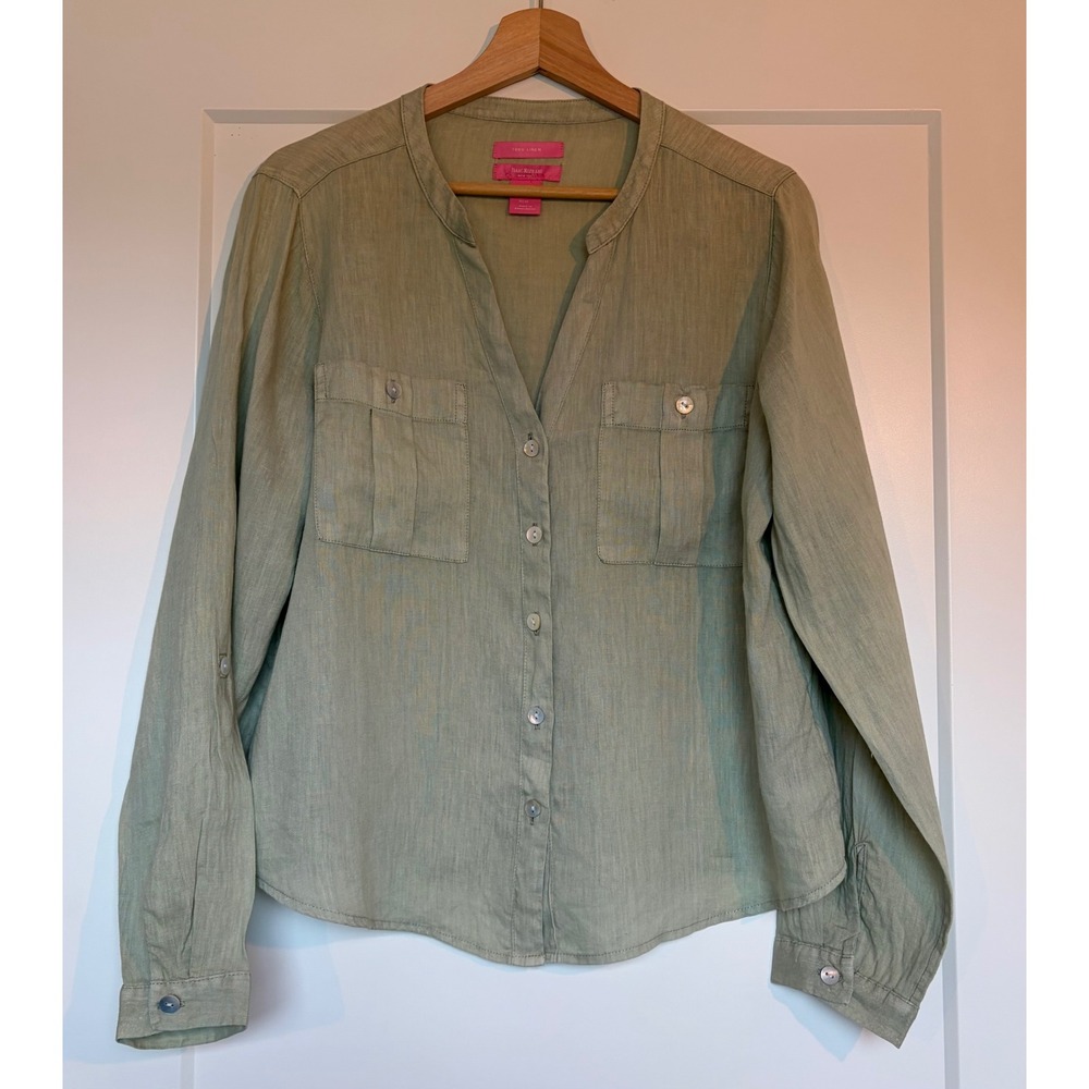 Isaac Mizrahi Womens Linen Roll Tab Relaxed Shirt Green Size M Coastal Summer - Picture 10 of 10
